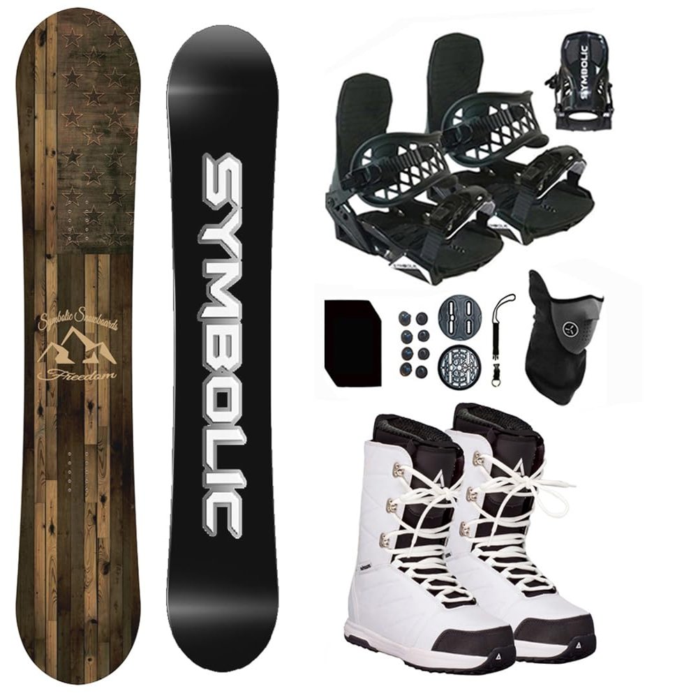 Symbolic Freedom Airtracks Men Snowboard & Bindings & Boots & Leash & Stomp & Gaiter Complete System Package Freeride Freestyle (160 cm, 7 Men/Kid(Eu39) at White+BLK Bindg)