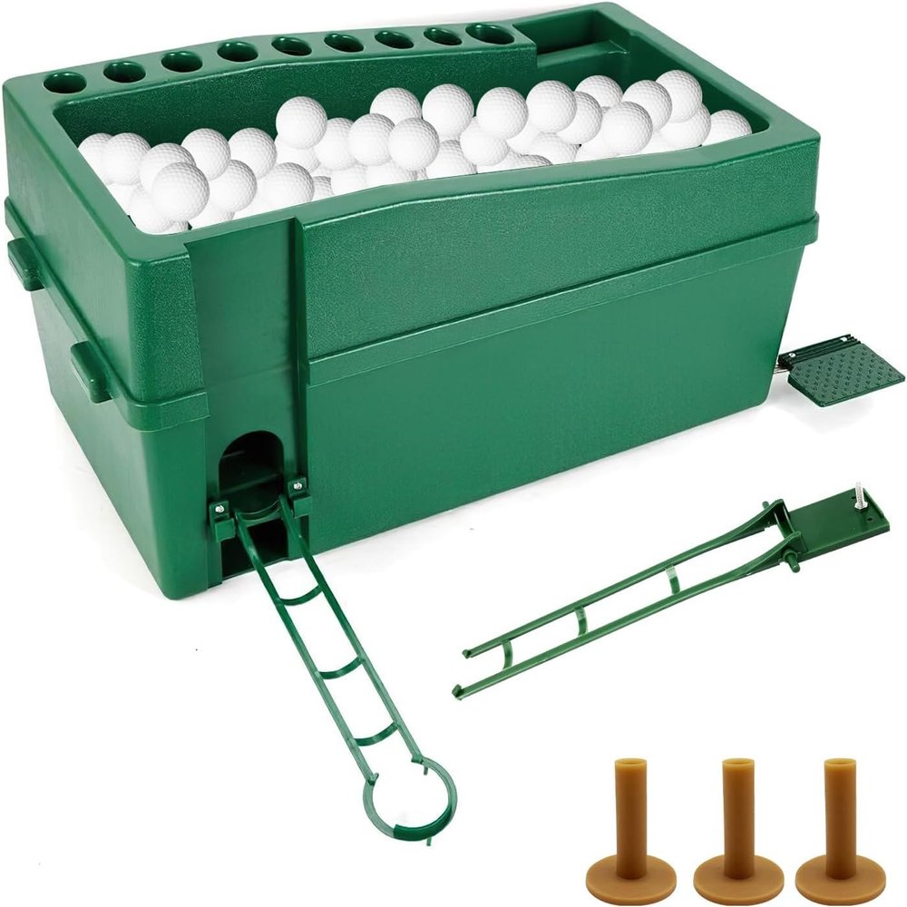 Automatic Golf Tee Machine, Powerless Golf Ball Dispenser Machine Golf Club Organizer, Automatic Golf Ball Teeing Device Training Machine with Foot Pedal and 9 Club Sockets, Capacity 100 Golf Balls