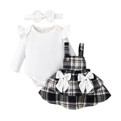 3 Month Fall Girl Clothes Winter Outfits Long Sleeve Cute Ruffle Romper Baby Girl Plaid Skirt Bow For Girls Headband 3 Pieces Set White 3-6 Months