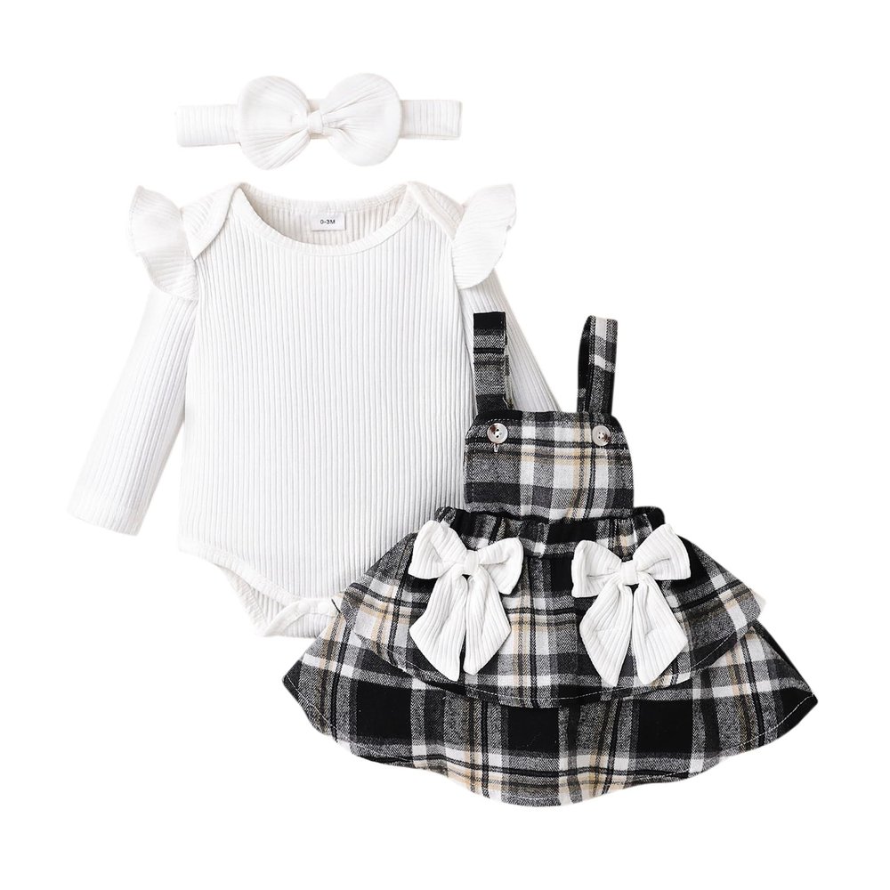 3 Month Fall Girl Clothes Winter Outfits Long Sleeve Cute Ruffle Romper Baby Girl Plaid Skirt Bow For Girls Headband 3 Pieces Set White 3-6 Months