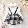 3 Month Fall Girl Clothes Winter Outfits Long Sleeve Cute Ruffle Romper Baby Girl Plaid Skirt Bow For Girls Headband 3 Pieces Set White 3-6 Months view 3