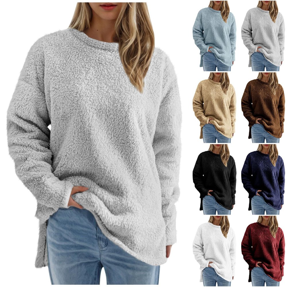 Piuwrlz Women's Sherpa Pullover Sweaters Fuzzy Warm Tops Solid Plush Sweater Split Hem Long Fluffy Sweatshirts