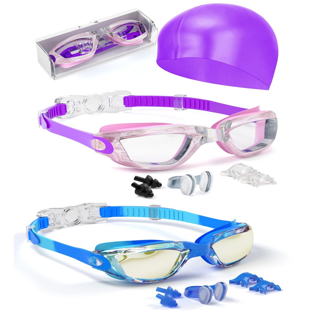 Hurdilen Swim Goggles for Kids Toddlers 3-14 with Swim Cap, Nose Clip, Nose Bridge, Ear Plugs
