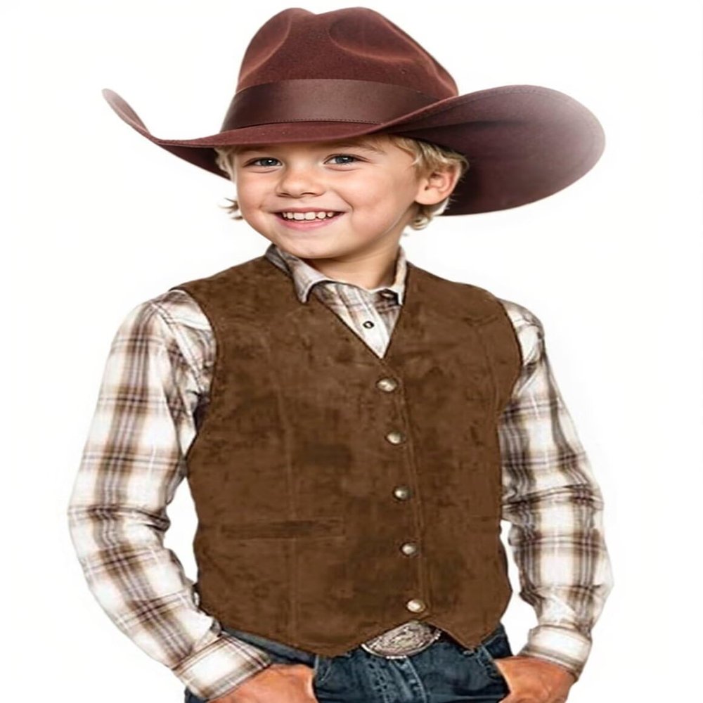 AMOSKAMAR Retro Vest for Boys Western Vest Suede Leather V-Neck Casual Cowboy Brown Waistcoat Size 2