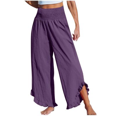 2024 Joggers Womens Fall Fashion Women's Solid Color Fashionable Casual High Waisted Pleated Irregular Cotton Linen Trendy Fall (Purple, S) Placed Recently by Me