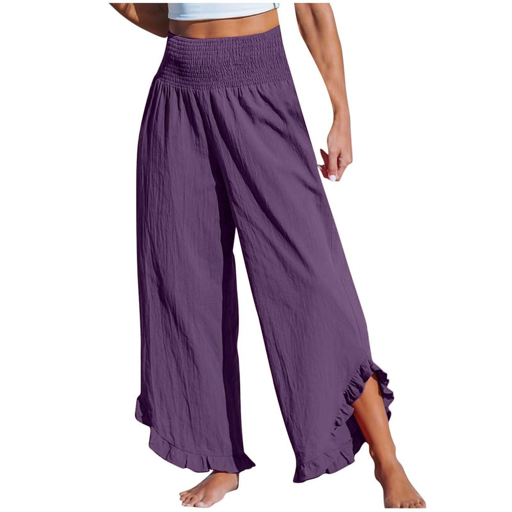 2024 Joggers Womens Fall Fashion Women's Solid Color Fashionable Casual High Waisted Pleated Irregular Cotton Linen Trendy Fall (Purple, S) Placed Recently by Me