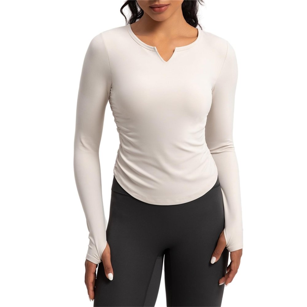 Women Shirts with Built in Bra Long Sleeve Workout T Shirt Athletic Crewneck Top with Thumb Hole (White,M,Medium)