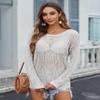 Zeagoo Womens Crochet Top Summer Scoop Neck Long Sleeve Off The Shoulder Sweater Sexy Hollow Out Beach Clothes White XXL view 3