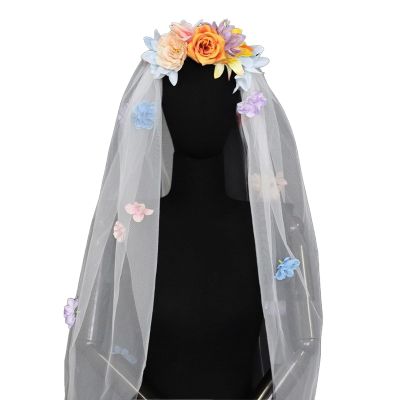 QERPON French Wedding Bride Veil with Realistic Flower Bride Girl Tulles Wedding Tiaras for Traveling Women Photography