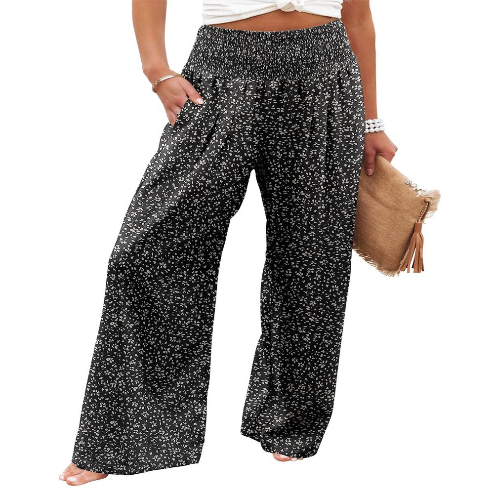 Angerella Floral Black Pants for Women High Waisted Business Casual Wide Leg Work Pants Loose Flowy Summer Beach Pants XL