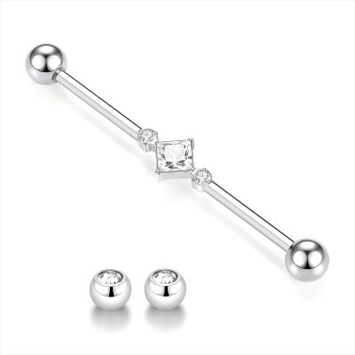 14G Industrial Piercing Jewelry Silver Industrial Bar Industrial Jewelry Barbell Surgical Steel Industrial Earring with Square CZ Cartilage Helix Earring 38mm Long Scaffold Bar with Replacement Balls