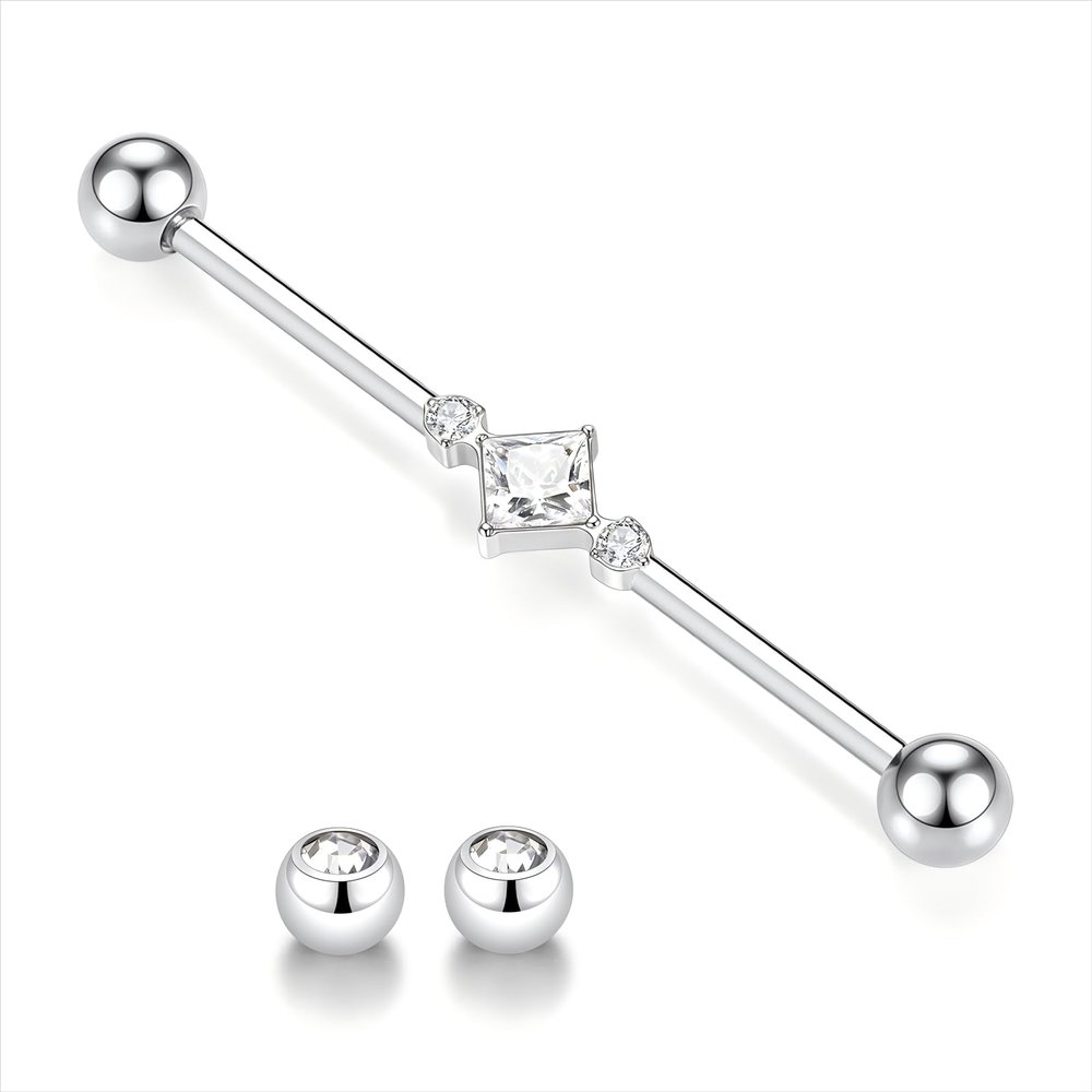 14G Industrial Piercing Jewelry Silver Industrial Bar Industrial Jewelry Barbell Surgical Steel Industrial Earring with Square CZ Cartilage Helix Earring 38mm Long Scaffold Bar with Replacement Balls