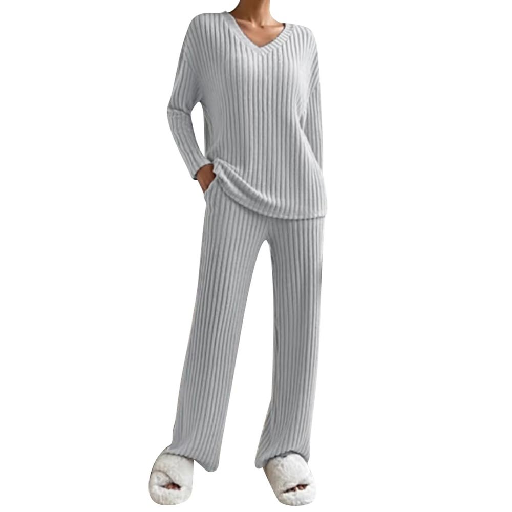 OMEWEE 2 piece womens pajama set Long sleeve pjs for women fall set Ribbed Knit Sweater Sleepwear with Side Pockets Gray L