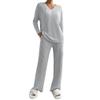 OMEWEE 2 piece womens pajama set Long sleeve pjs for women fall set Ribbed Knit Sweater Sleepwear with Side Pockets Gray L view 1