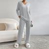 OMEWEE 2 piece womens pajama set Long sleeve pjs for women fall set Ribbed Knit Sweater Sleepwear with Side Pockets Gray L view 2