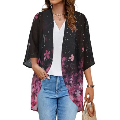 Women's Floral Print Puff Sleeve Kimono Cardigan Loose Cover Up Casual Blouse Tops(Black Pink Purple Floral,XL)