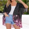 Women's Floral Print Puff Sleeve Kimono Cardigan Loose Cover Up Casual Blouse Tops(Black Pink Purple Floral,XL) view 2