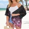 Women's Floral Print Puff Sleeve Kimono Cardigan Loose Cover Up Casual Blouse Tops(Black Pink Purple Floral,XL) view 3