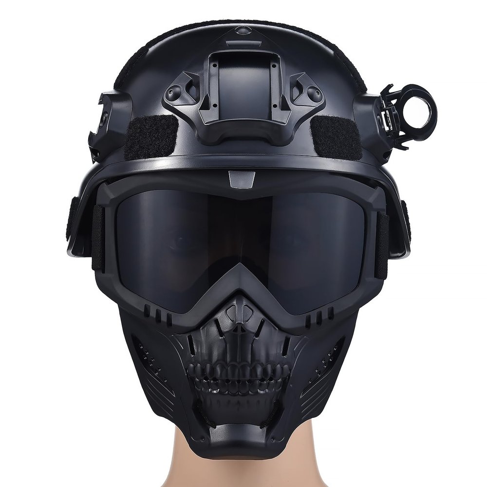 Airsoft Helmet and Mask,Tactical Airsoft Helmet and Full Face Fox Mask Set - Black Paintball Gear with Detachable Goggles, NVG Mount, and Side Rails