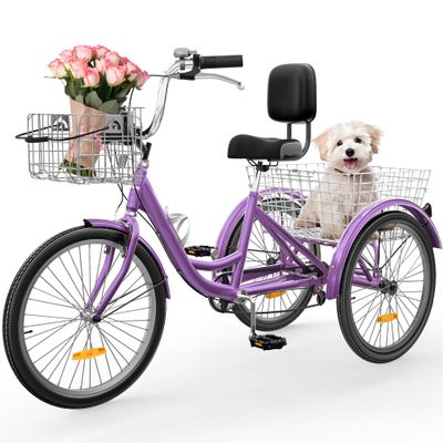 YITAHOME 26 Inch Adult Tricycle, 7 Speed 3 Wheel Bikes, Trike for Adults with Front & Rear Baskets, Cruiser Bike for Seniors Women Men Commute Picnic Outdoor, Purple