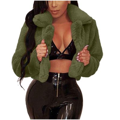 Womens Winter Faux Fur Crop Jacket Long Sleeve Shaggy Coat Open Front Cardigans Outerwear Army Green
