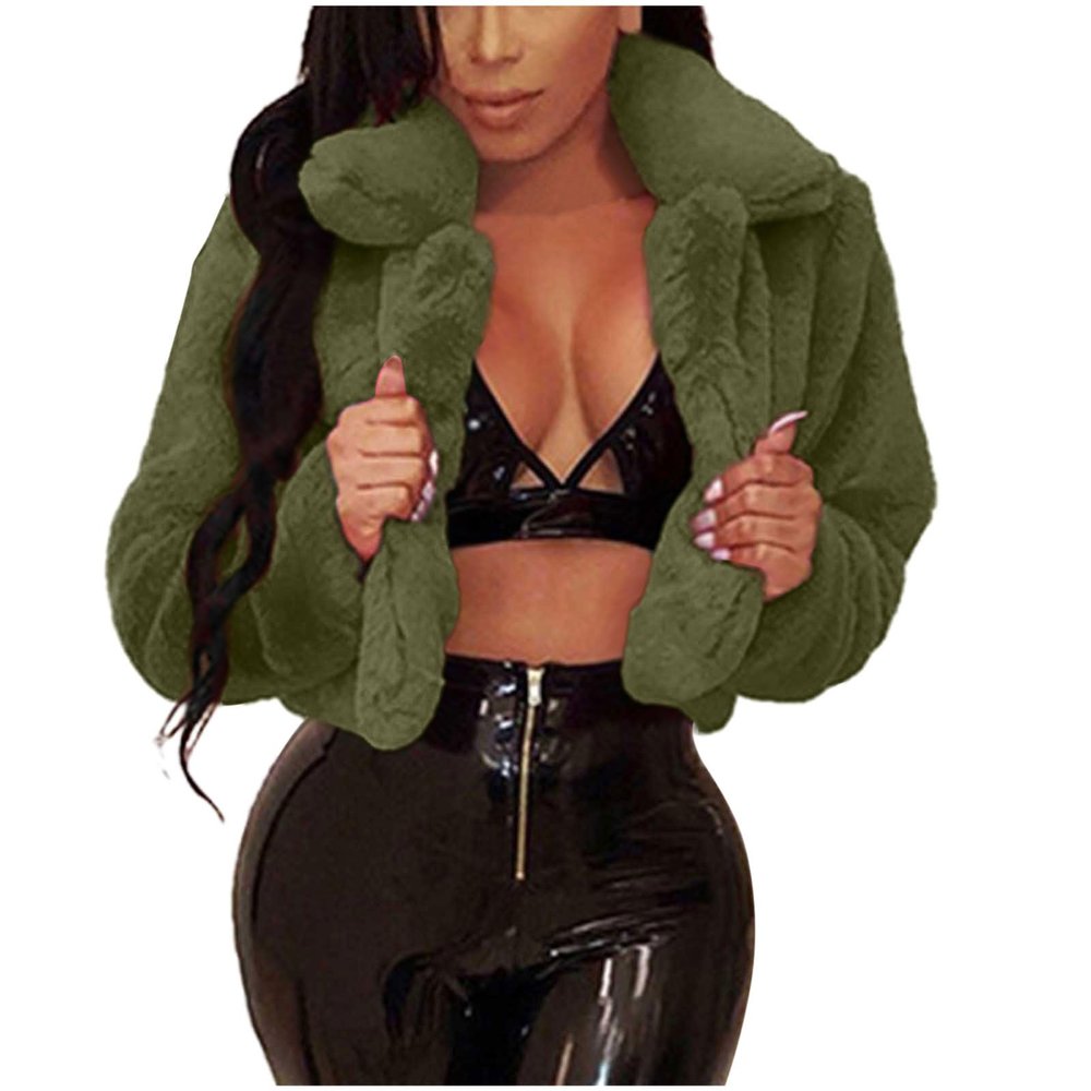 Womens Winter Faux Fur Crop Jacket Long Sleeve Shaggy Coat Open Front Cardigans Outerwear Army Green