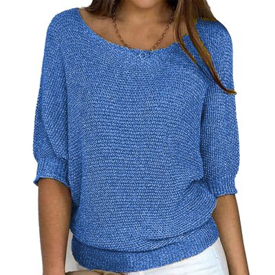 Fall Knit Sweaters for Womens Long Sleeve Boat Neck Pullover Ribbed Knit Sweaters Casual Fall Winter Solid Tops Plus Size Blue