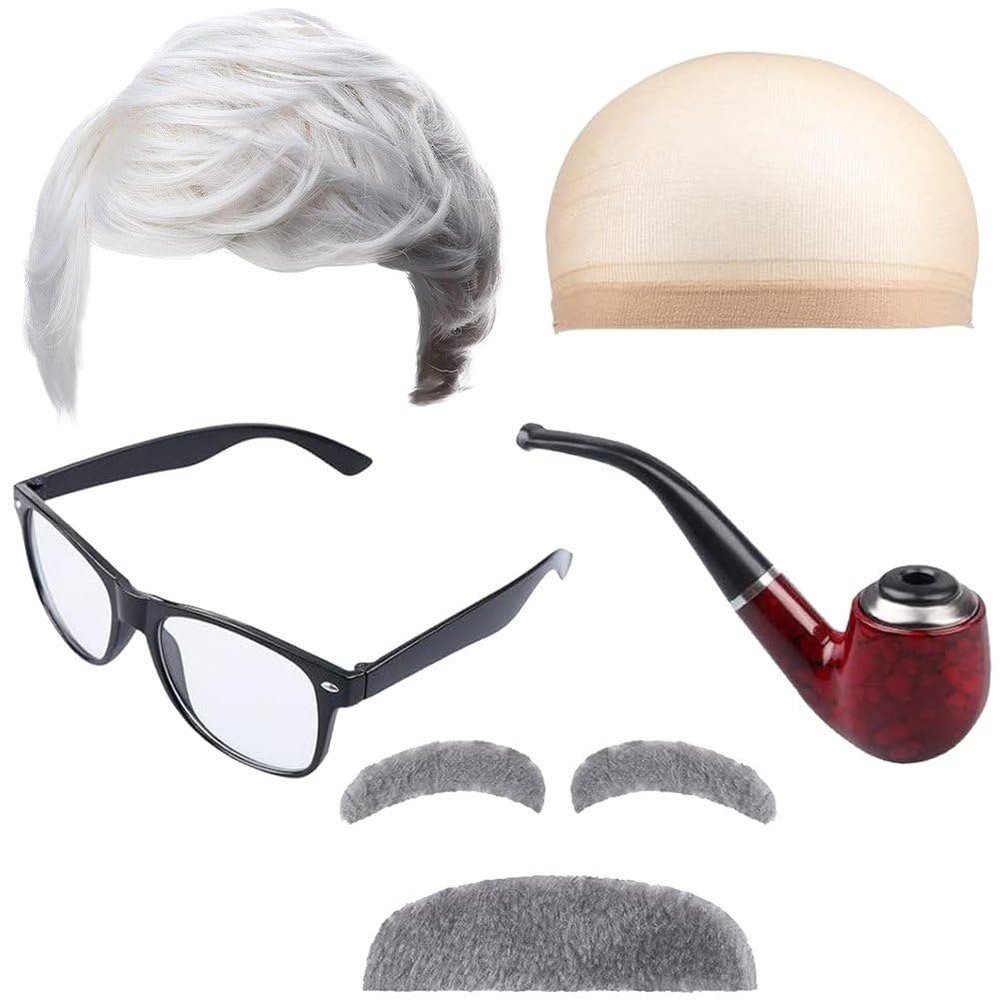 Old Man Costume Kit Grandpa Costume Accessories Including Old Man Wig,Wig Cap,Glasses,Fake Beard, Eyebrows for Cosplay