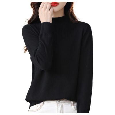 Womens Fashion Sweater Autumn Winter New Half-High Neck Knit Bottoming Shirt Loose Long-Sleeve Solid Color Innerwear Black