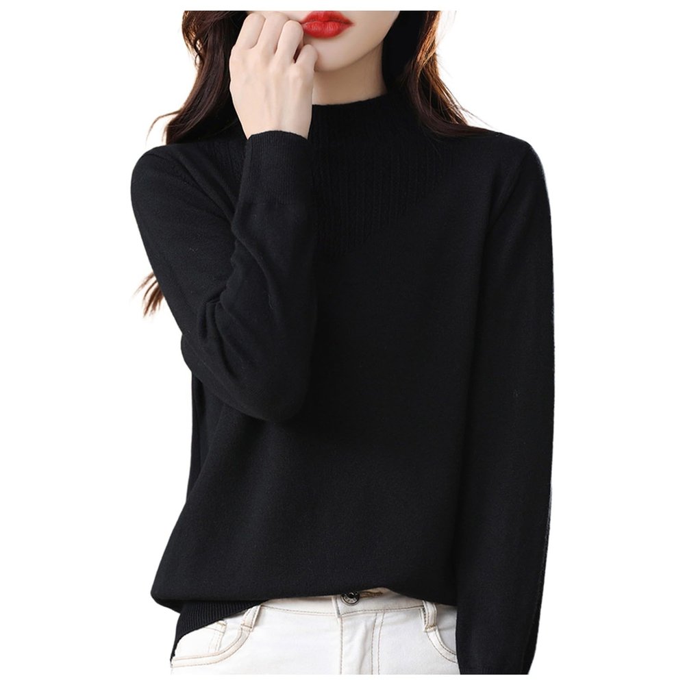 Womens Fashion Sweater Autumn Winter New Half-High Neck Knit Bottoming Shirt Loose Long-Sleeve Solid Color Innerwear Black