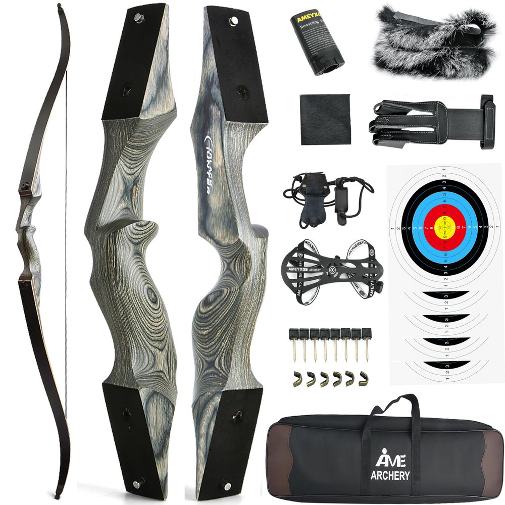 60" Black Hunter Recurve Bow Wood Takedown Bow Right/Left Hand for Adults American Hunting Longbow 20-60lbs for Archery Hunting Shooting Practice (Gray, 20LBS, Right Hand)
