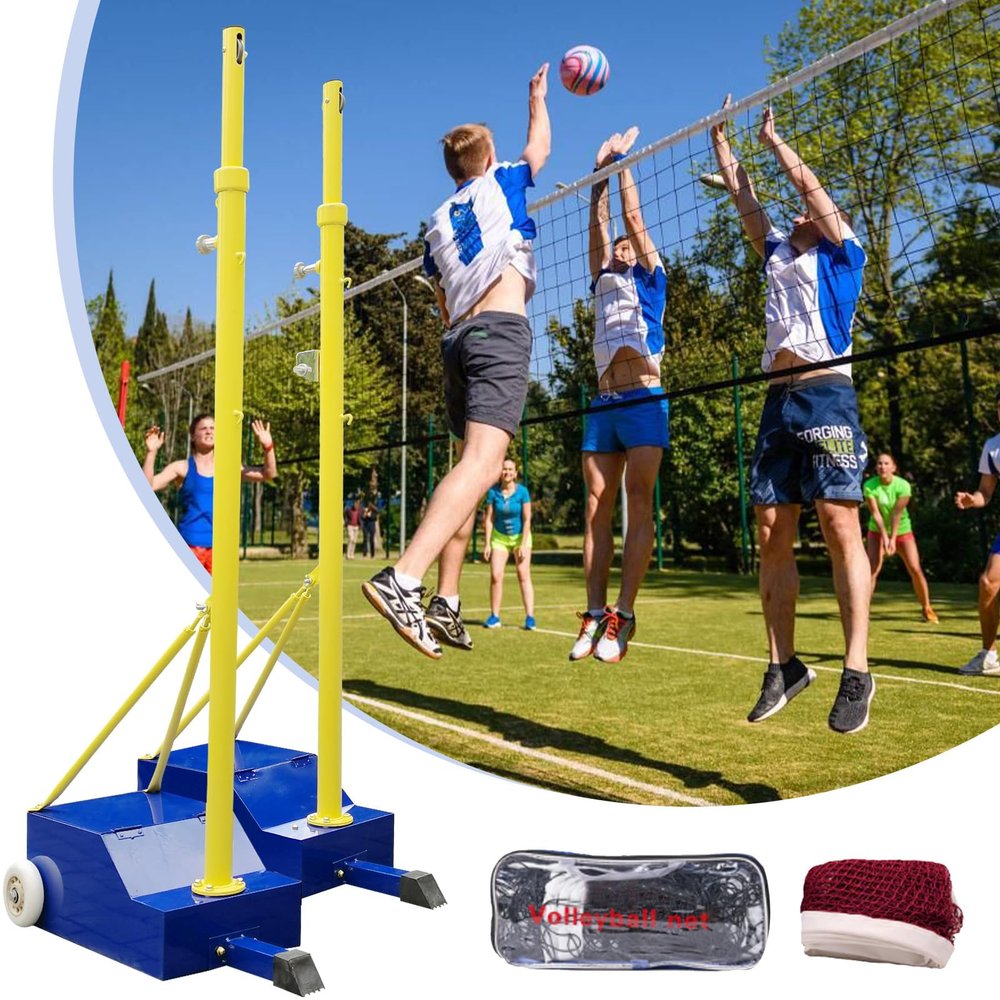 Goakwwuz Volleyball and Badminton Poles with Nets, Adjustable Heights 5ft-6.8ft, Heavy Duty, Blue and Yellow, Nylon, Suitable for Volleyball and Badminton