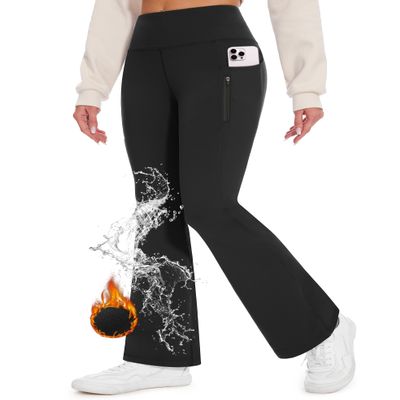 Desol Fleece Lined Hiking Pants Women, Winter Flare Leggings for Women Thermal Warm High Waist Snow Pants with Zipper Pockets for Outdoor Sports Black