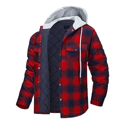 XUNRYAN Mens Flannel Jacket with Hood Quilted Lined Plaid Jacket Cotton Button Down Shirt Jackets Casual Hoodies Outerwear