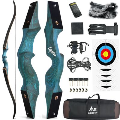 60" Black Hunter Recurve Bow Wood Takedown Bow Right/Left Hand for Adults American Hunting Longbow 20-60lbs for Archery Hunting Shooting Practice (Blue, 40LBS, Right Hand)