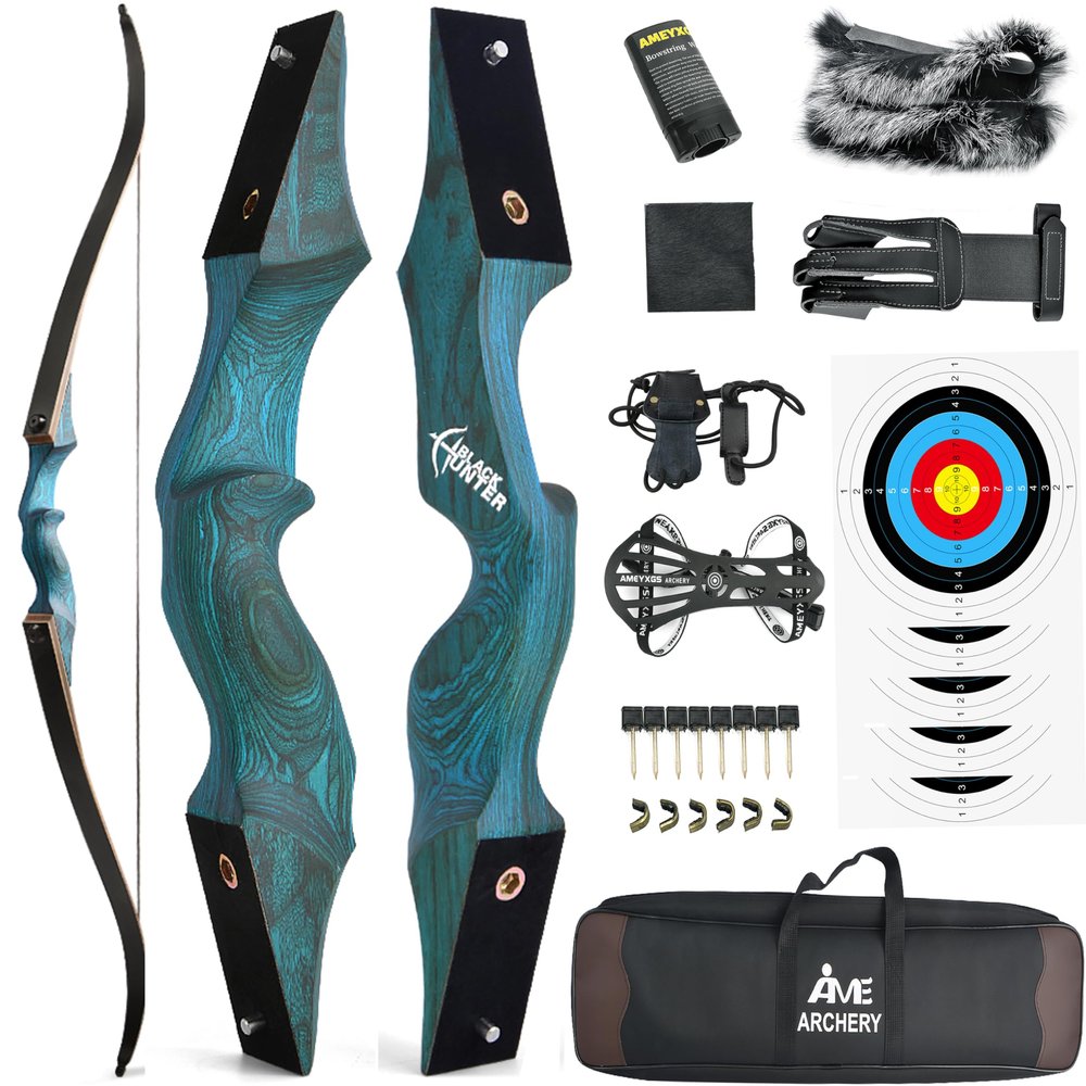 60" Black Hunter Recurve Bow Wood Takedown Bow Right/Left Hand for Adults American Hunting Longbow 20-60lbs for Archery Hunting Shooting Practice (Blue, 40LBS, Right Hand)