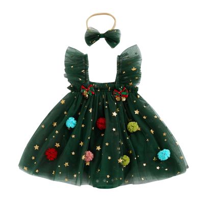 Baby Girl Christmas Tree Romper Dress Star Sequin Tulle Skirt Lace Bodysuit Headband Newborn Infant Christmas Outfit (Green, 9-12 Months)