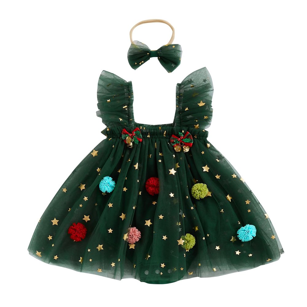 Baby Girl Christmas Tree Romper Dress Star Sequin Tulle Skirt Lace Bodysuit Headband Newborn Infant Christmas Outfit (Green, 9-12 Months)