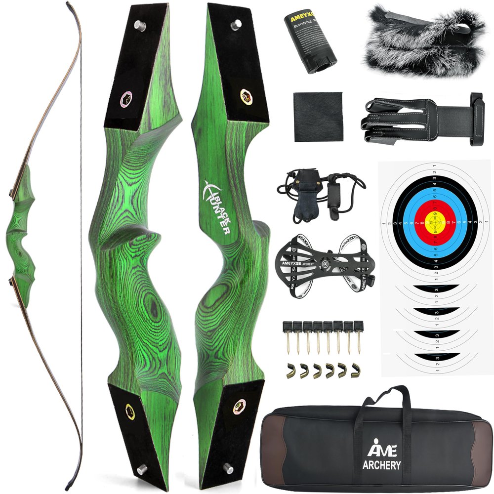 60" Black Hunter Recurve Bow Wood Takedown Bow Right/Left Hand for Adults American Hunting Longbow 20-60lbs for Archery Hunting Shooting Practice (Green, 40LBS, Right Hand)