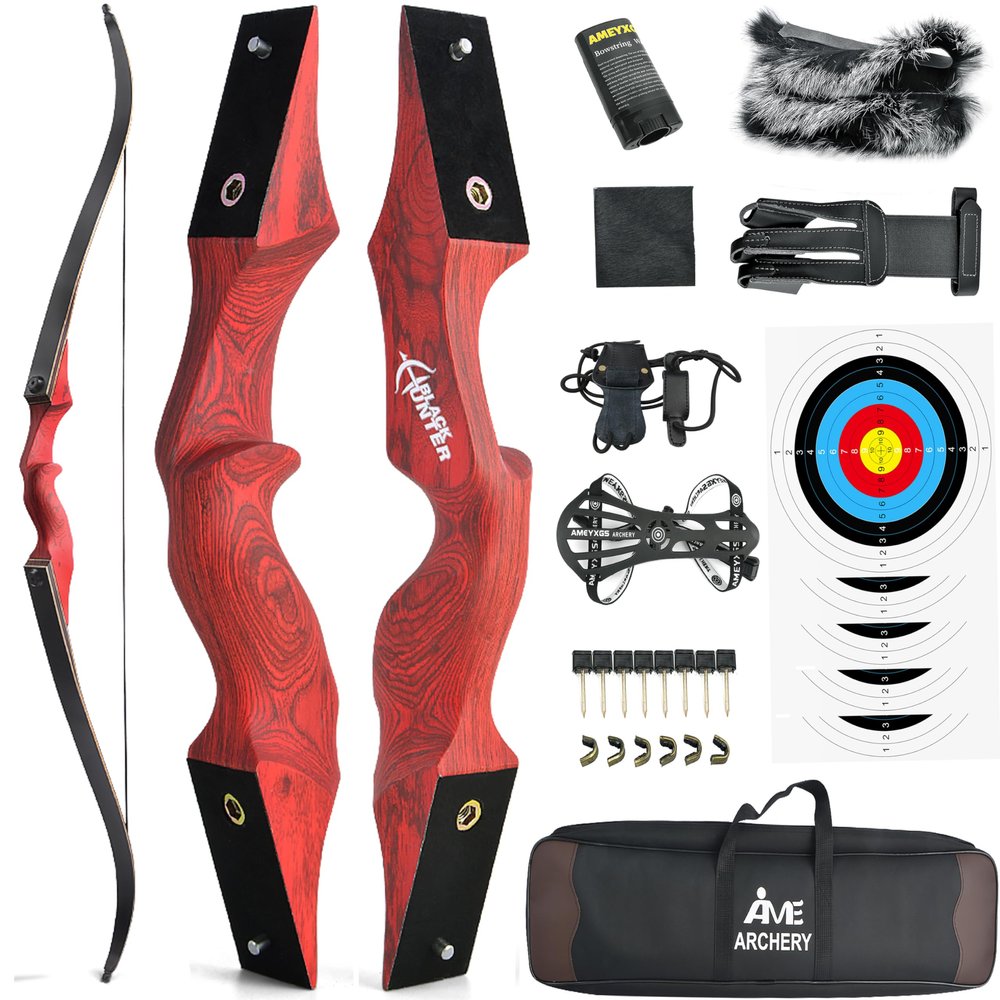 60" Black Hunter Recurve Bow Wood Takedown Bow Right/Left Hand for Adults American Hunting Longbow 20-60lbs for Archery Hunting Shooting Practice (Red, 20LBS, Right Hand)
