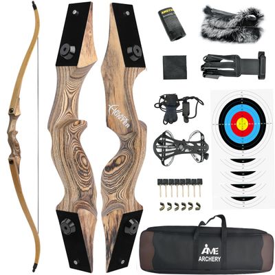 60" Black Hunter Recurve Bow Wood Takedown Bow Right/Left Hand for Adults American Hunting Longbow 20-60lbs for Archery Hunting Shooting Practice (Wood, 55LBS, Right Hand)
