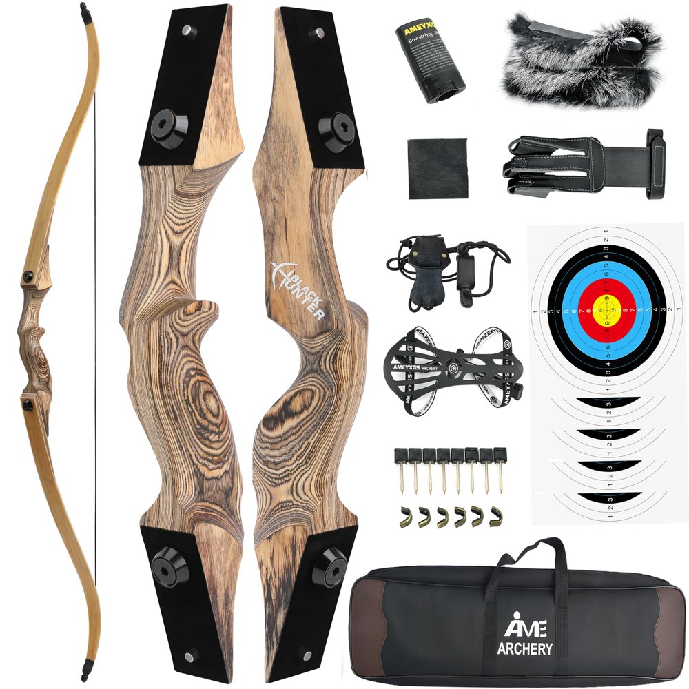 60" Black Hunter Recurve Bow Wood Takedown Bow Right/Left Hand for Adults American Hunting Longbow 20-60lbs for Archery Hunting Shooting Practice (Wood, 55LBS, Right Hand)