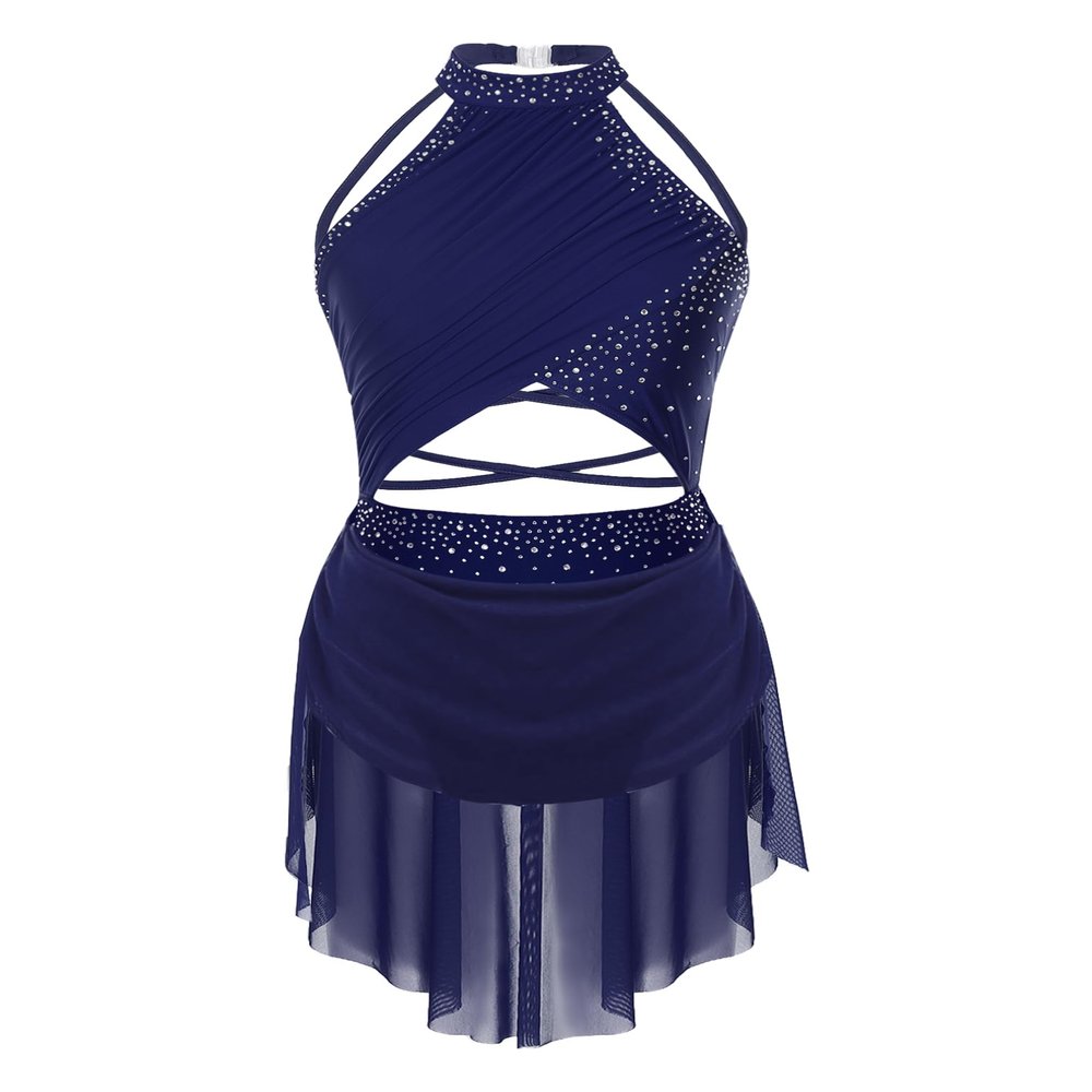ranrann Sparkly Rhinestone Leotard Lyrical Dance Costume for Womens Cutout Strappy Backless Dance Dress Navy Blue Medium