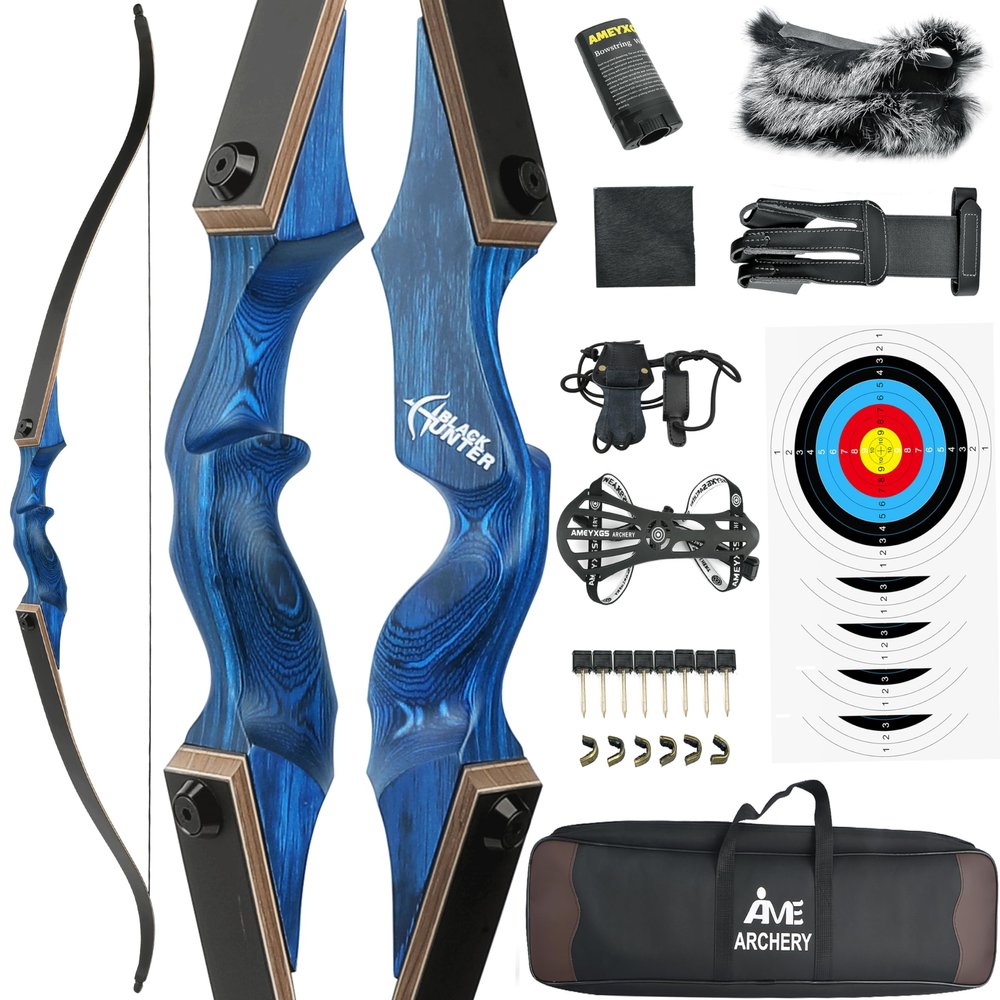 60" Black Hunter Recurve Bow Wood Takedown Bow Right/Left Hand for Adults American Hunting Longbow 20-60lbs for Archery Hunting Shooting Practice (Diamond Blue, 55LBS, Right Hand)