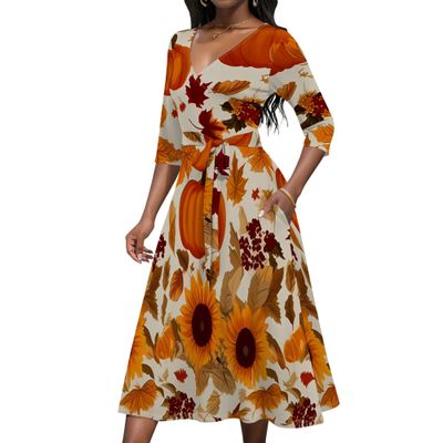 Thanksgiving Pattern Autumn Harvest Day Casual 3/4 Sleeve Deep V-Neck Fashion Maxi Dresses for Women with Pockets and Belt