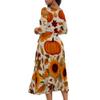Thanksgiving Pattern Autumn Harvest Day Casual 3/4 Sleeve Deep V-Neck Fashion Maxi Dresses for Women with Pockets and Belt view 3