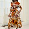 Thanksgiving Pattern Autumn Harvest Day Casual 3/4 Sleeve Deep V-Neck Fashion Maxi Dresses for Women with Pockets and Belt view 4