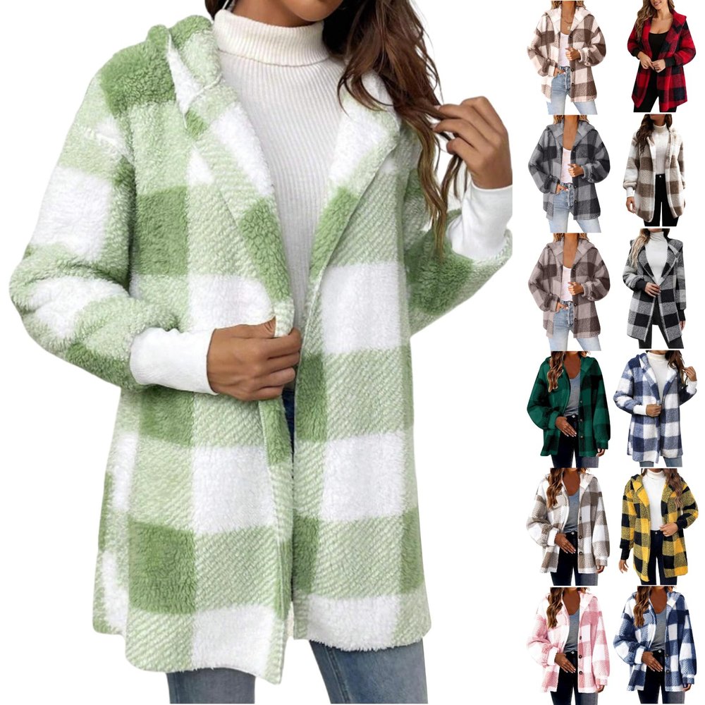 GOHRSHA Womens Hooded Fuzzy Sherpa Lined Fleece Jacket Open Front Buffalo Plaid Cardigan Comfy Soft Winter Clothes