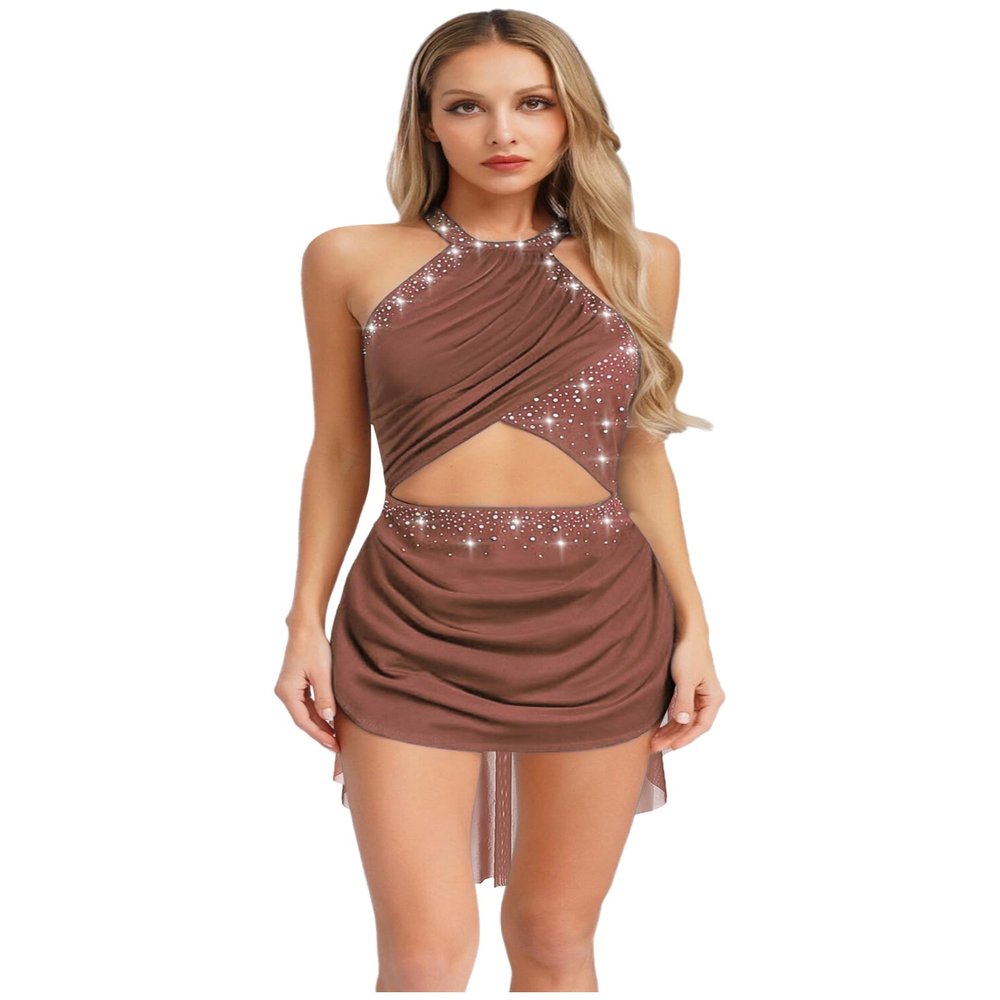 ranrann Sparkly Rhinestone Leotard Lyrical Dance Costume for Womens Cutout Strappy Backless Dance Dress Dusty Pink Small