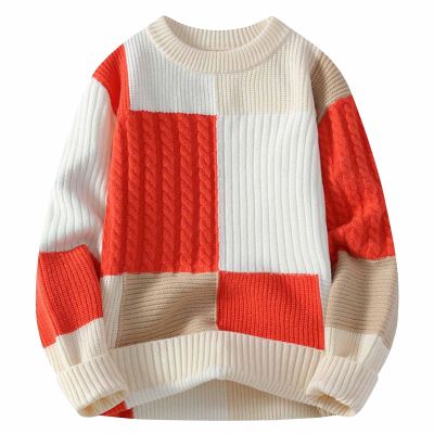 Cambkatl Men's Color Block Cable Knitted Sweaters, Cozy Winter Crewneck Loose Long Sleeve Pullover Casual Sweater Tops